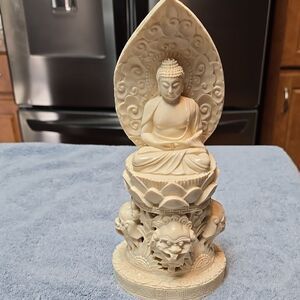 Ivory tone Buddha Figurine with Lion or Gargoyle  Base  - 10 inch